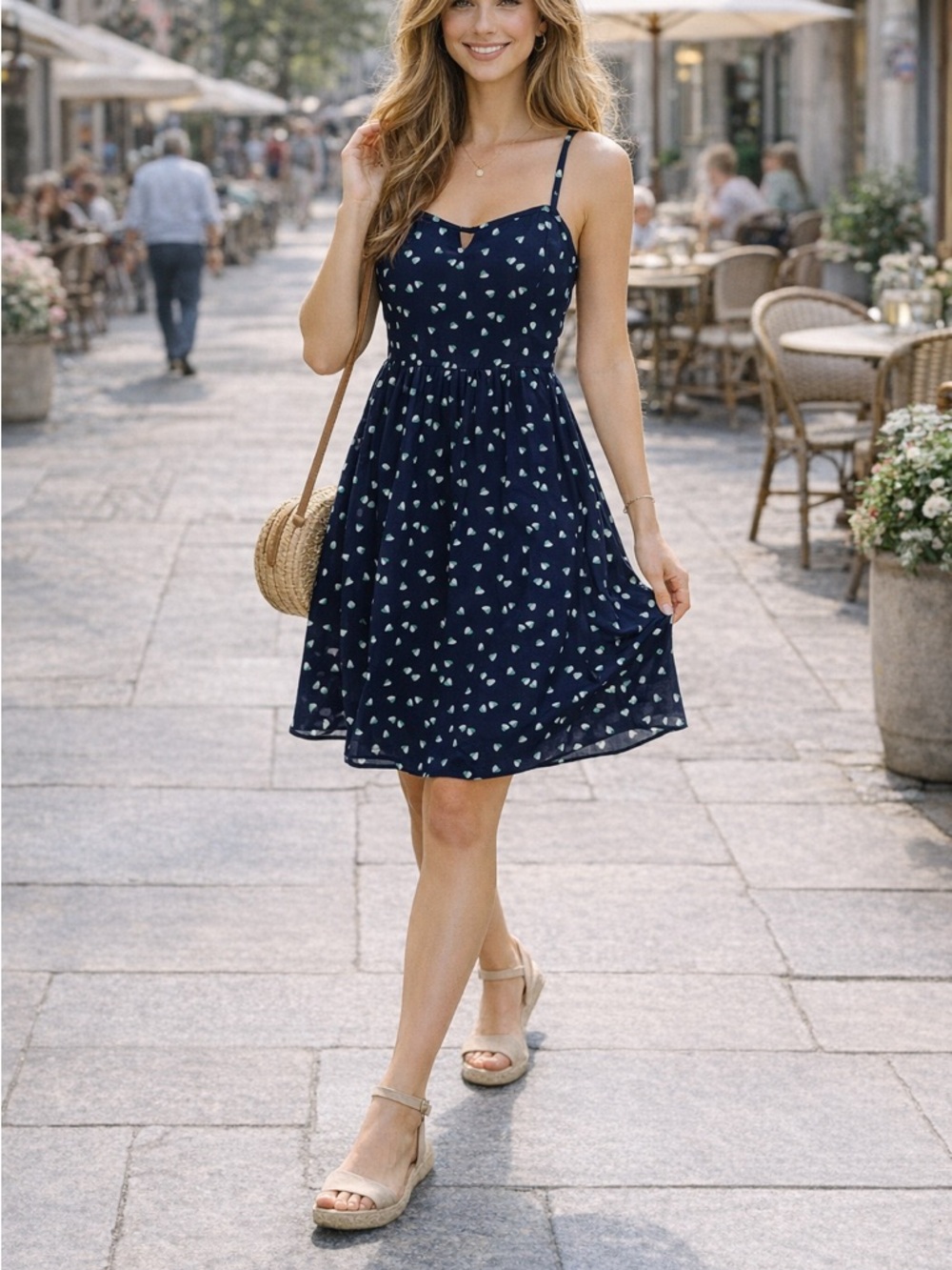 Boutique Navy Mini Dress with White Heart Print